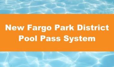 This image is a photo of pool water with a graphic orange bar with white text reading New Fargo Park District Pool Pass System.