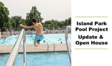 This graphic shows a photo of a child jumping off the diving board at Island Park Pool