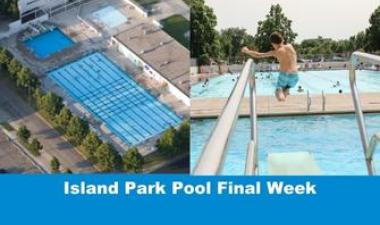 This photo shows an aerial view of Island Park Pool and a child jumping off the diving board 