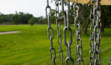 View from the inside of a disc golf basket looking out onto the course