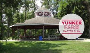 This photo shows the gazebo at yunker farm with text that says yunker farm master plan