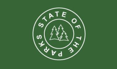 Green background with white logo that says state of the parks and has three trees in the middle