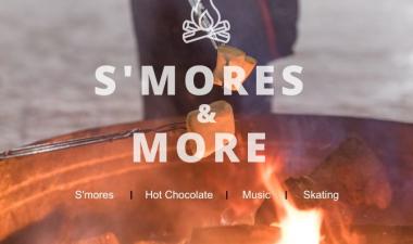 Picture of marshmallows roasting on fire with white text over that says s'mores and more, s'mores, hot chocolate, music, skating