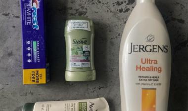 This image shows donations for Day of Dignity like toothpaste, lotion, and deodorant