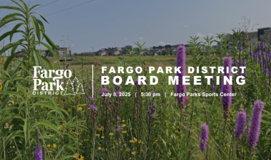Image of Urban Plains Park with wild flowers growing with Fargo Park District Board Meeting wording - July 8 2025 - 5:30 pm - Fargo Parks SPorts Center - FPD Logo