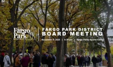 community members standing in Island Park at the Kiwanis Radianting Well-Being Path Ribbon Cutting - Fargo Parks logo - Fargo Park District Board Meeting - November 4, 2025 - 5:30 pm - Fargo Parks Sports Center