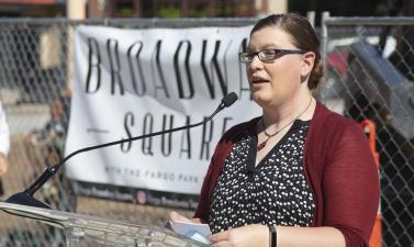 This image shows Broadway Square's manager, Ana, speaking at the Broadway Square Launch.