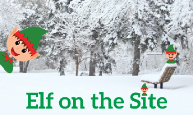 This image shows and elf popping onto a snowing background with the word Elf on the Site.