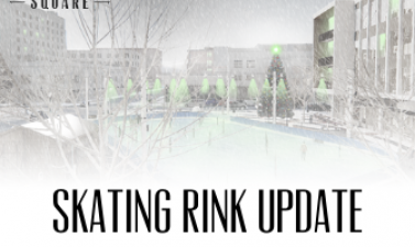 This image shows a graphic of Broadway Square's ice skating rink update.