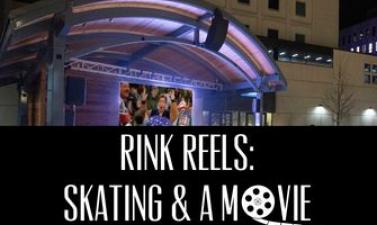 This image shows a graphic of Rink Reels: Skating & A Movie at Broadway Square.