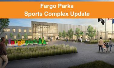 This image shows a graphic of the front of the Fargo Parks Sports Complex building.