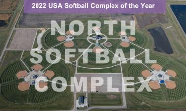Aerial photo of North Softball Complex with text that says 2022 USA Softball Complex of the Year North Softball Complex
