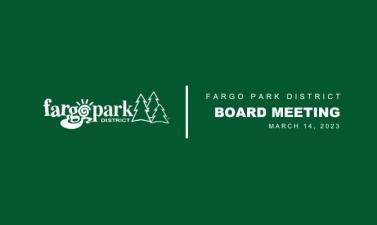 Green Background with white Fargo Park District Logo and text that says Fargo Park District Board Meeting