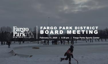 photo of child skating outdoors with white fargo park district logo and text that says Fargo Park District Board Meeting February 11, 2025 5:30 pm Fargo Parks Sports Center