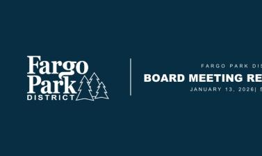 Blue image with fargo parks logo, board meeting recap, january 13 2026