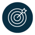 Navy blue circle with white outline of bullseye and arrow