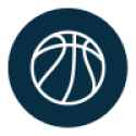 Navy blue circle with white outline of a basketball