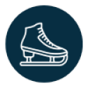 Navy blue circle with white outline of an ice skate