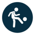Navy circle with white outline of a person icon kicking a ball