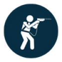 Navy circle with white outline of a person icon shooting a laser gun