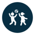 Navy blue circle with white icon of a boy and a girl playing with a white beach ball