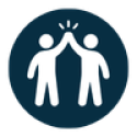 Navy circle with white icon two people giving high fives