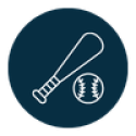 Navy circle with white outline icon of a baseball bat and baseball