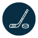 Navy circle with white icon of a hockey stick and hockey puck