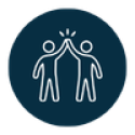 Navy circle with white outline icon of two people giving each other a high-five