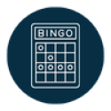 Navy circle with white icon of a BINGO card.
