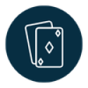 Navy circle with white icon two playing cards. Top one is diamonds.