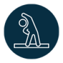 Navy circle with white icon of person stretching on mat