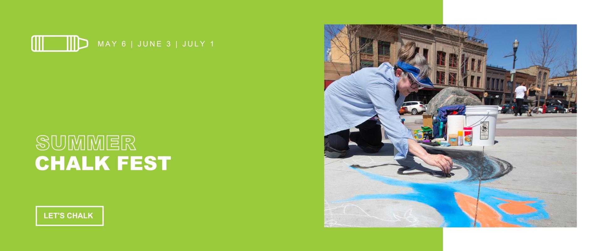 IMAGE SHOWS WOMAN CHALKING WITH CHALK FEST TITLE AND BUTTON TO LEARN MORE