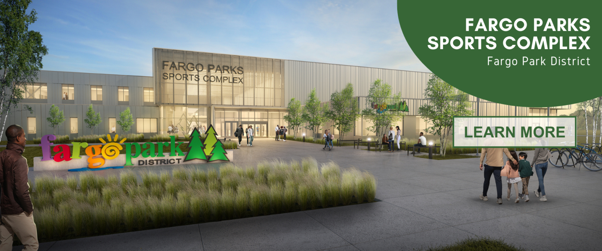 This photo shows a rendition of the Fargo Parks Sports Complex with text that says Fargo Parks Sports Complex Fargo Park District