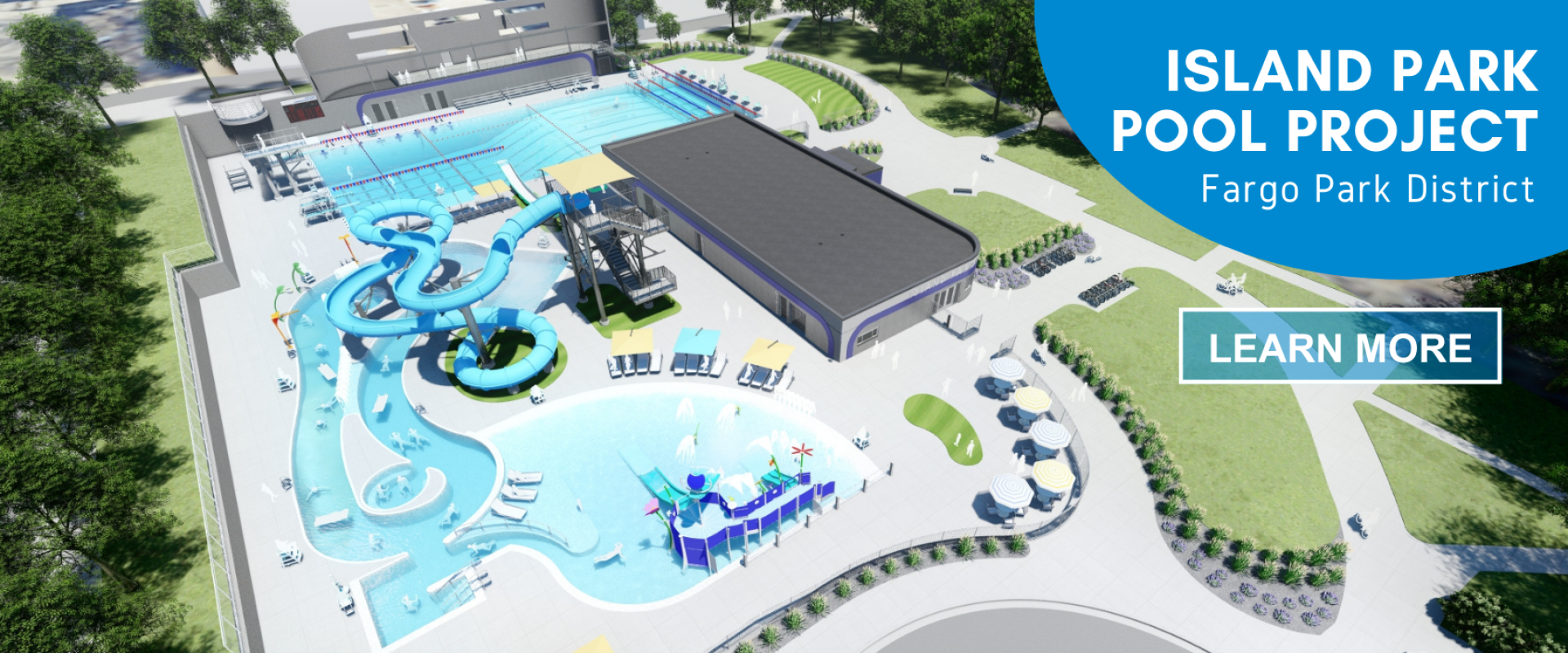 This photo shows a rendition of the new Island Park Pool with pool, slides and a lazy river