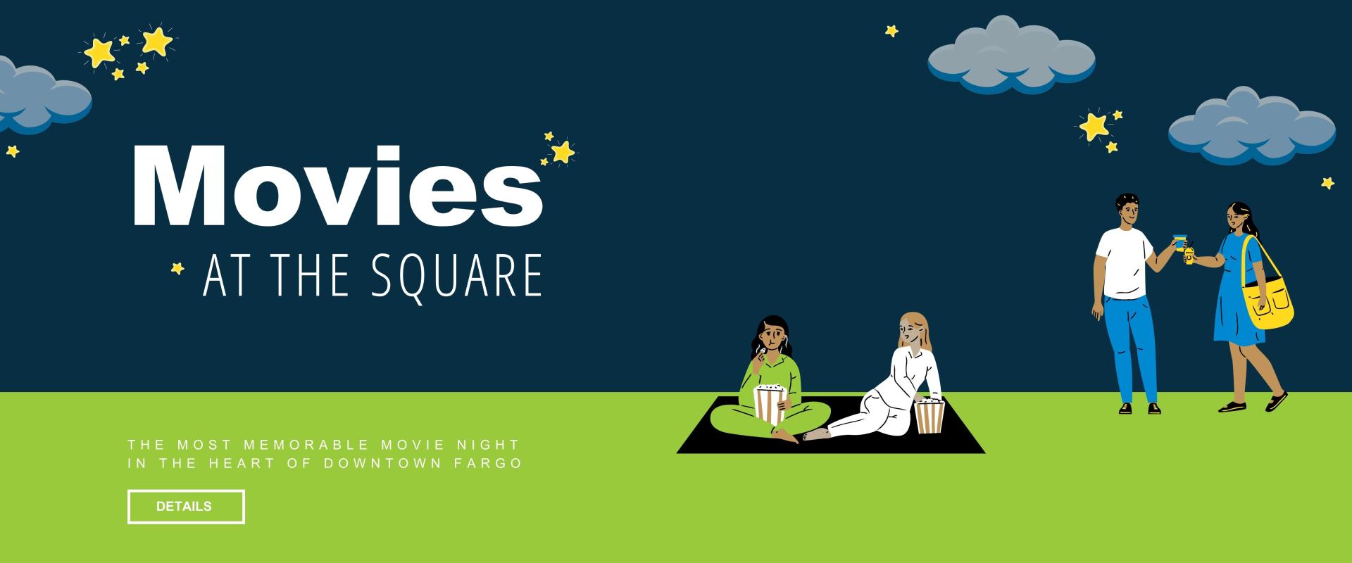 this graphic is a colorful illustration of people sitting and chatting and eating that says movies at the square with a button to learn more