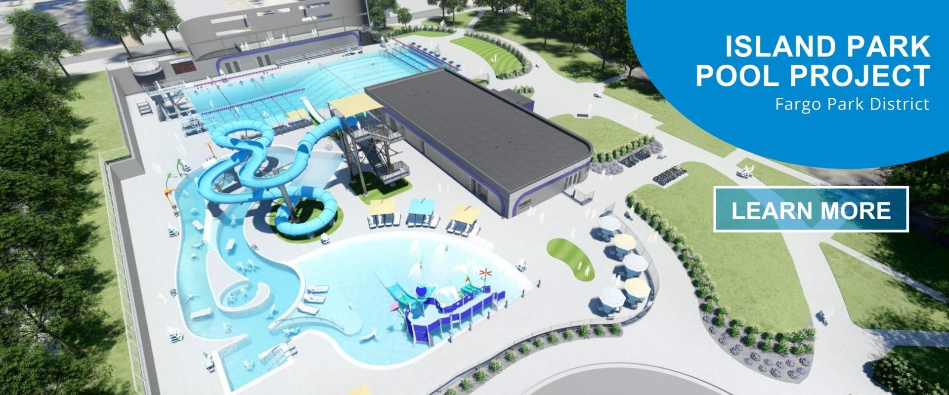 This photo shows a rendition of the new Island Park Pool with pool, slides and a lazy river