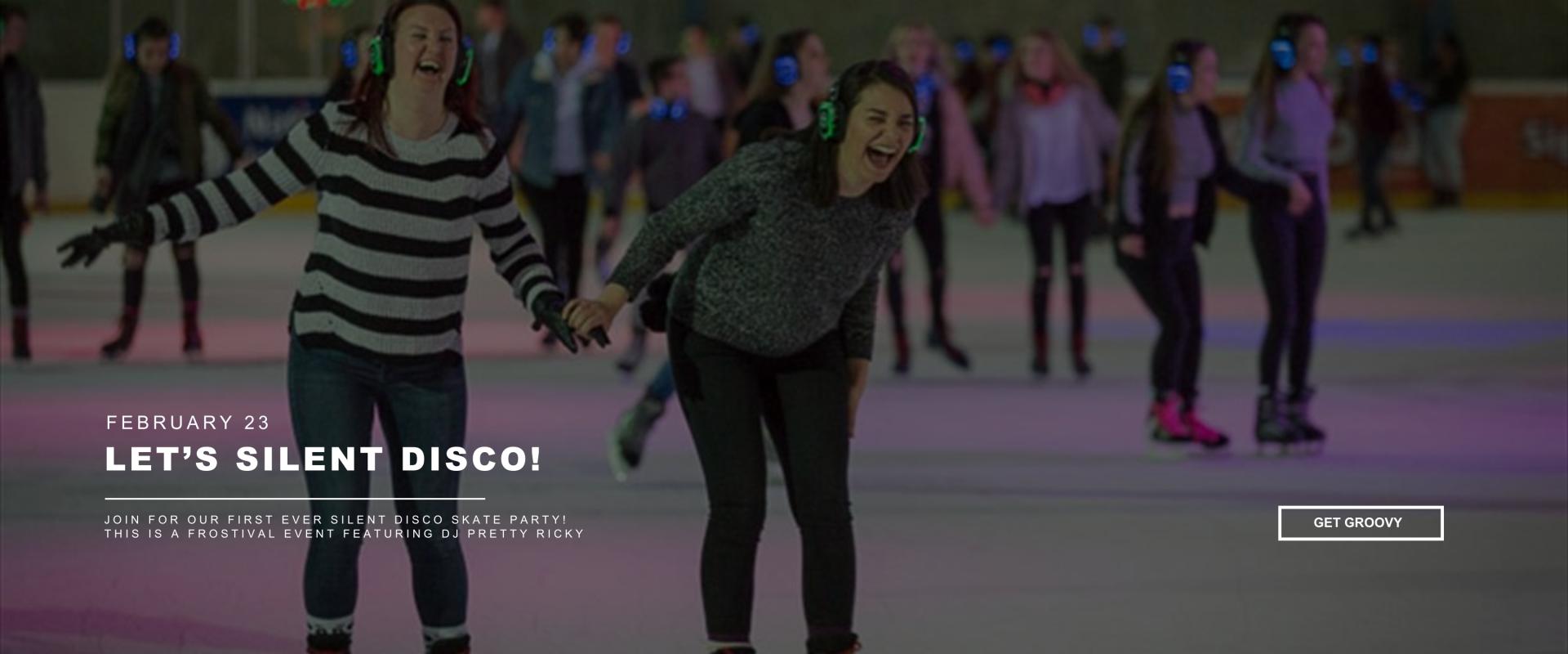 this graphic shows people skating with headphones on with a button to learn more