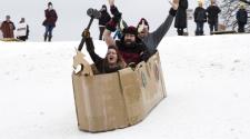 This image shows three people going down in a cardboard sled at the 2017 race