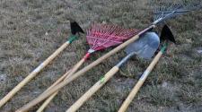 Photo shows gardening tools laying on the grass