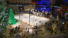 This image shows Broadway Square from above during the Christmas Tree lighting and rink opening event.