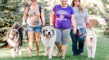 Photo shows women walking their dogs on leashes.