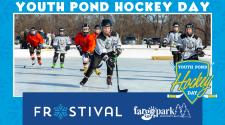 Kids playing hockey in outdoor rink + Frostival Logo + Fargo Parks Logo + Youth Pond Hockey Day logo
