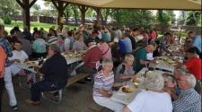 A large group of older adults gathers under a park shelter, eating a meal and socializing at rows of picnic tables.